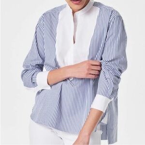 Spanx Poplin Tuxedo Button Front Shirt Blue and White Striped Blouse Small
